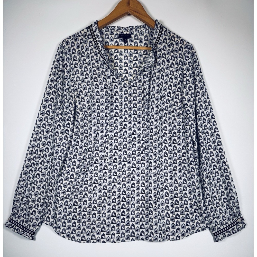 Talbots Birdcage Print Blouse Womens Medium Navy White Ruffle Ribbon Trim Preppy